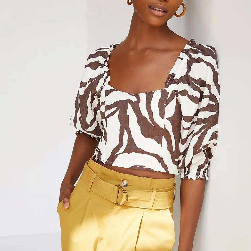 Faithfull The Brand Zebra Print Linen Crop Blouse Size 4